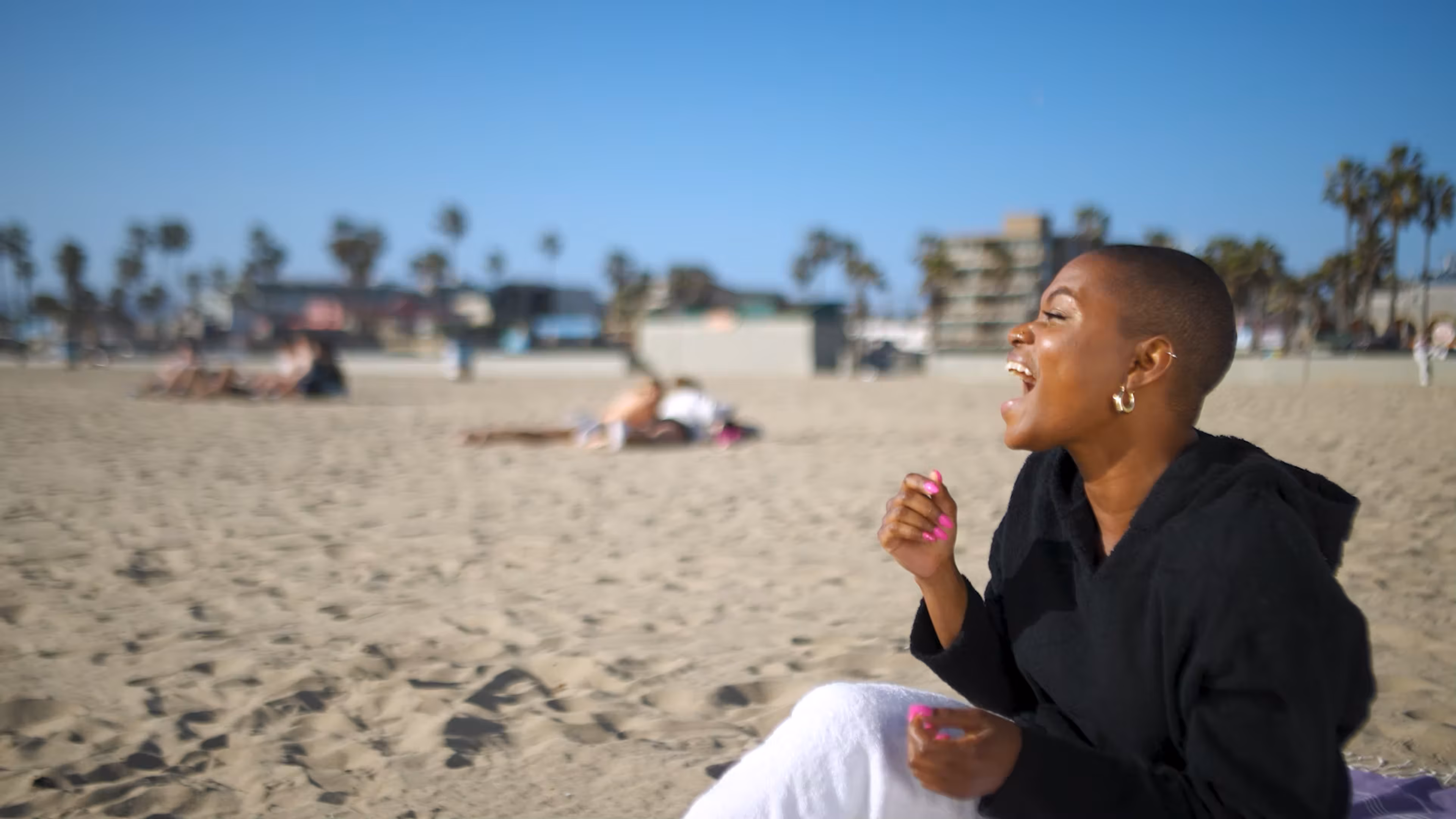 A candid documentary portrait on a beach